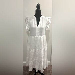 ENTRO - White Flutter Sleeve Tiered Dress - Size Large